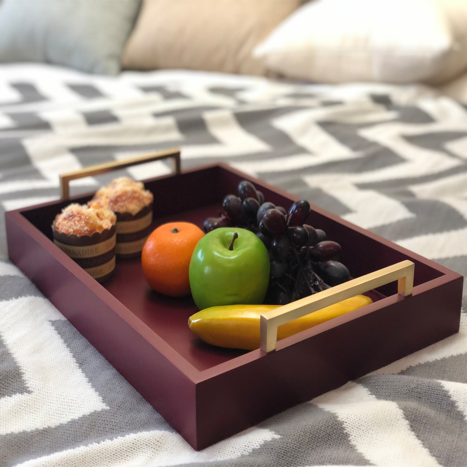 2021 New arrival decorative serving wood Ottoman tray with metal handle for living room, kitchen