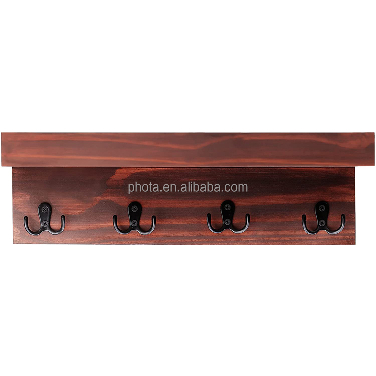 Shelf Wall Mounted Rustic Farmhouse Solid Real Wood Floating Shelf Key Holder with 4 Key Hooks