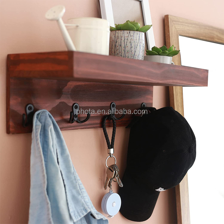 Shelf Wall Mounted Rustic Farmhouse Solid Real Wood Floating Shelf Key Holder with 4 Key Hooks