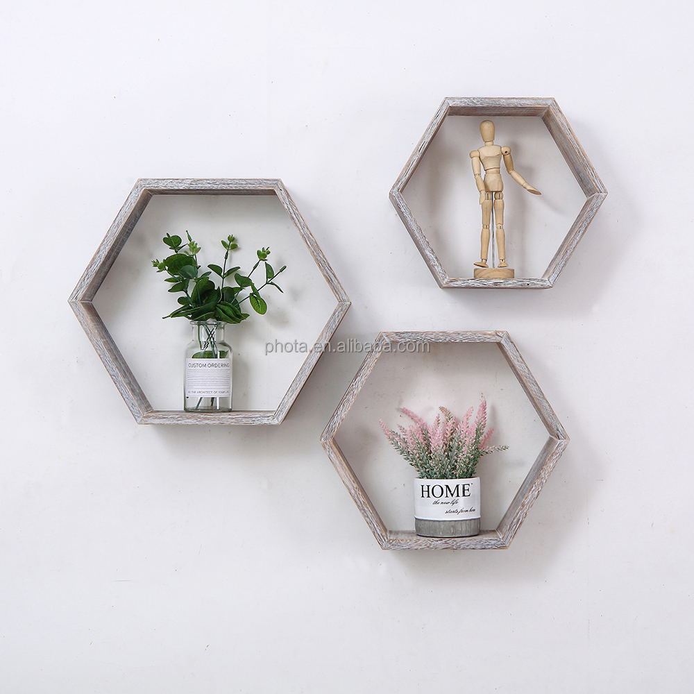 Phota Hexagonal solid wood decorative wall hanging Set of 3 Rustic Wall Mounted Hexagonal storage Floating Shelves
