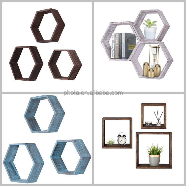 Phota Hexagonal solid wood decorative wall hanging Set of 3 Rustic Wall Mounted Hexagonal storage Floating Shelves