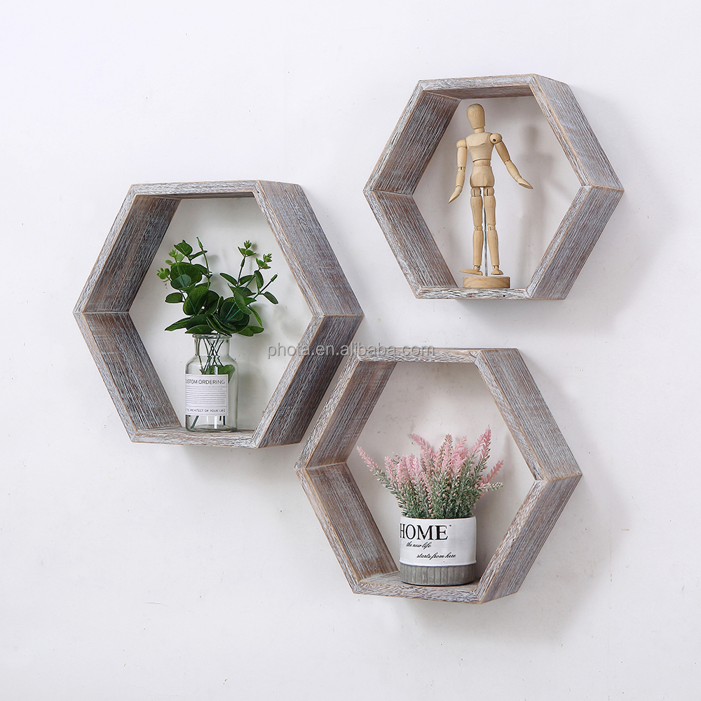 Phota Hexagonal solid wood decorative wall hanging Set of 3 Rustic Wall Mounted Hexagonal storage Floating Shelves
