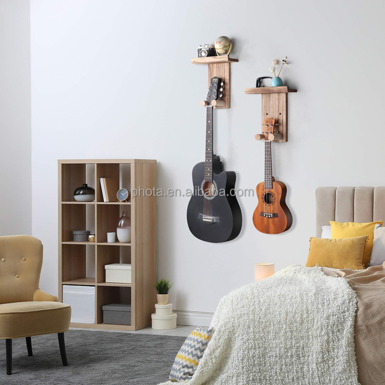 Guitar wall mount hanger shelf with wooden round hook