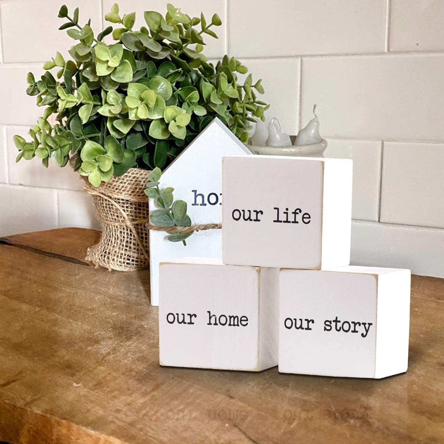 Wooden Farmhouse Table Top Decor-This is us&Our Life Our Story Our Home Letter Blocks Decor