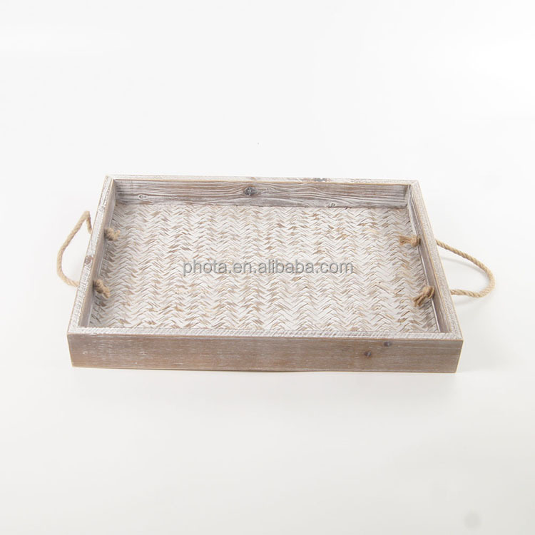 Phota new arrival decorative serving wooden bamboo weaving tray with hemp rope handle for living room, kitchen