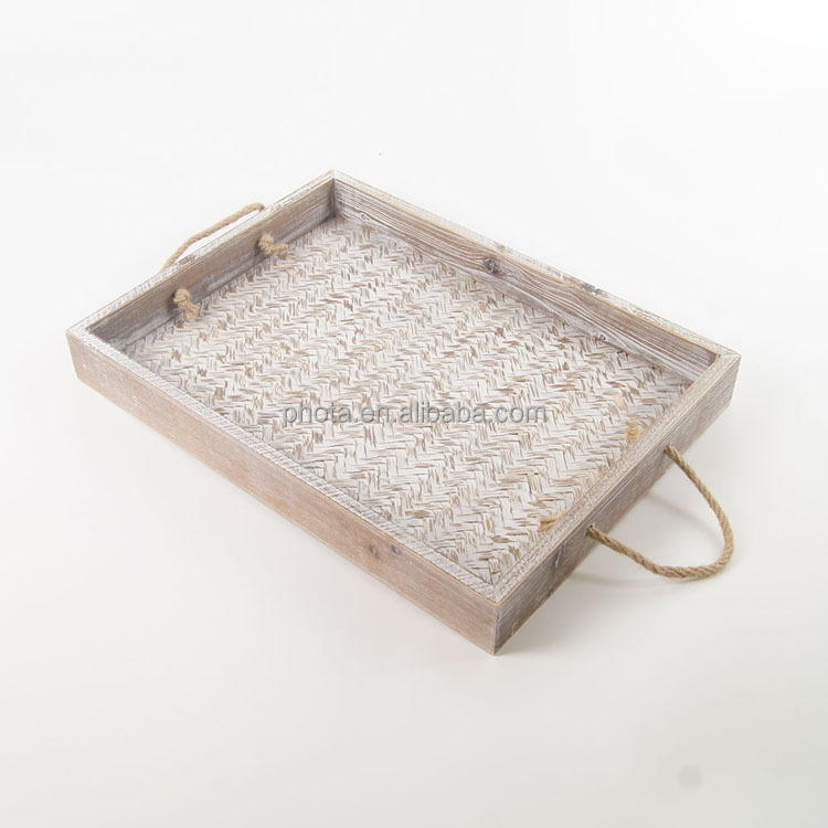 Phota new arrival decorative serving wooden bamboo weaving tray with hemp rope handle for living room, kitchen