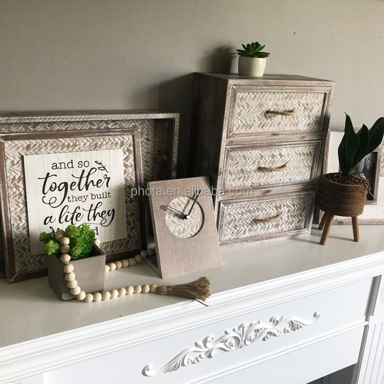 Rustic Farmhouse Distressed Decorative Wood Bamboo Weaving Wall Hanging Mirror