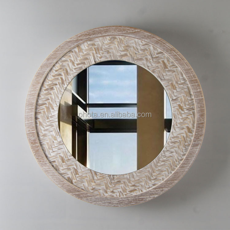 Rustic Farmhouse Distressed Decorative Wood Bamboo Weaving Wall Hanging Mirror