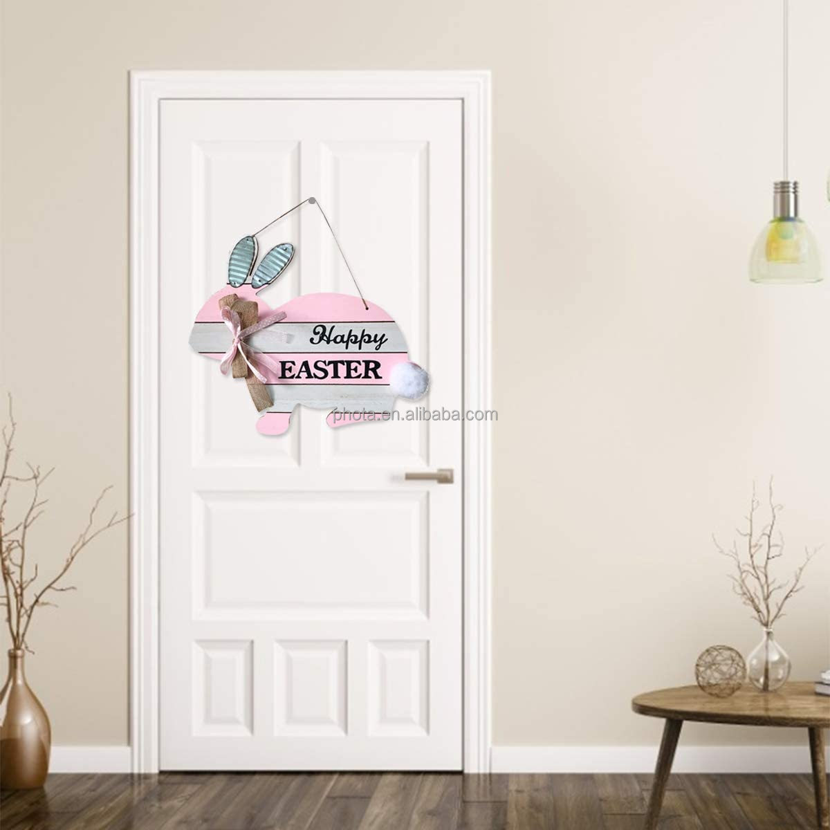 Easter Bunny Wall Hanging Decoration, Wood Seasonal Welcome Sign Front Door Decor for Home Indoor Outdoor
