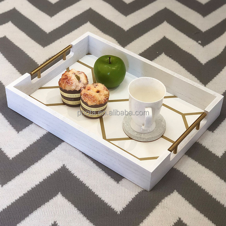 White & Gold Coffee Table Serving Tray with Handles