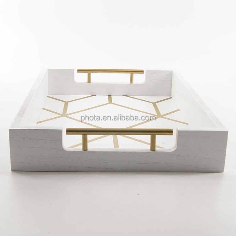 White & Gold Coffee Table Serving Tray with Handles
