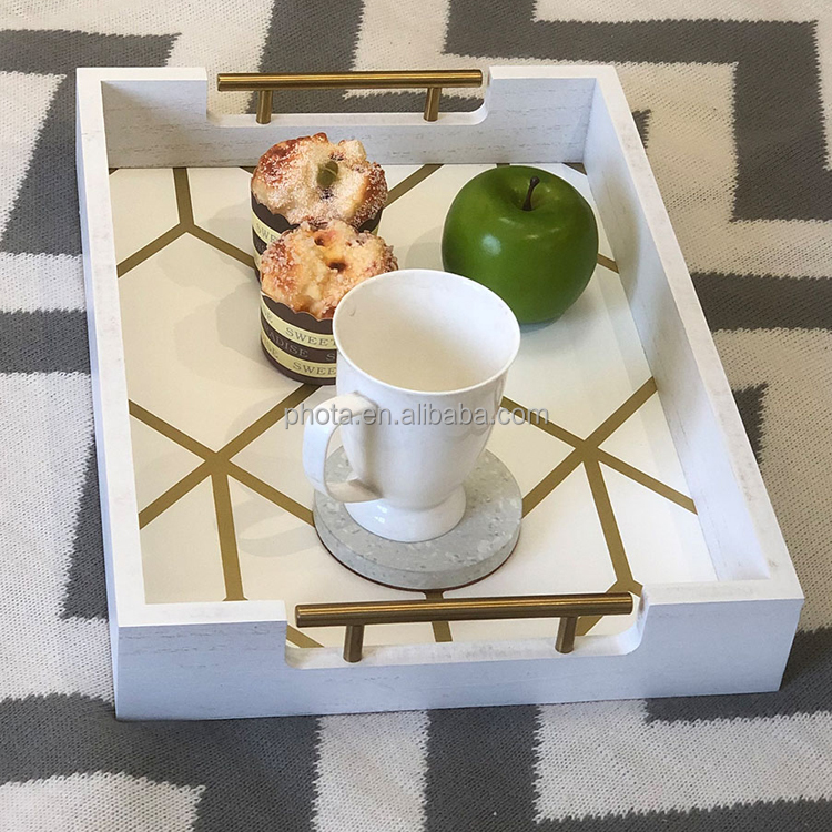 White & Gold Coffee Table Serving Tray with Handles
