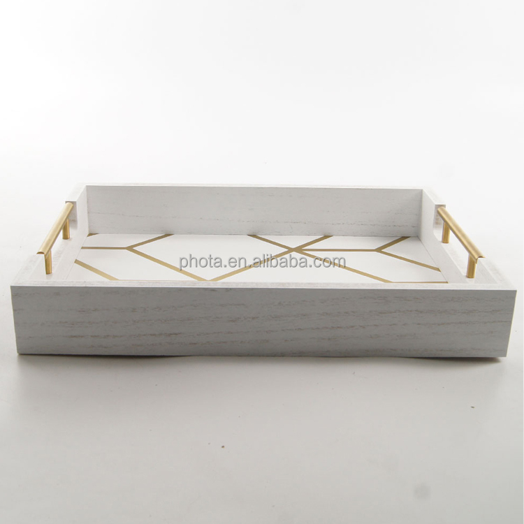 White & Gold Coffee Table Serving Tray with Handles