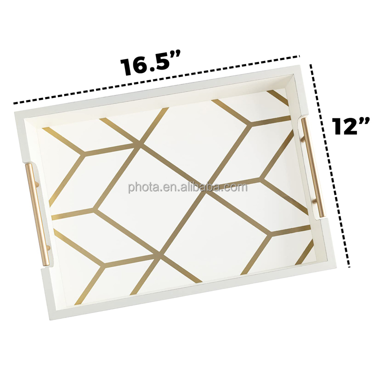 White & Gold Coffee Table Serving Tray with Handles
