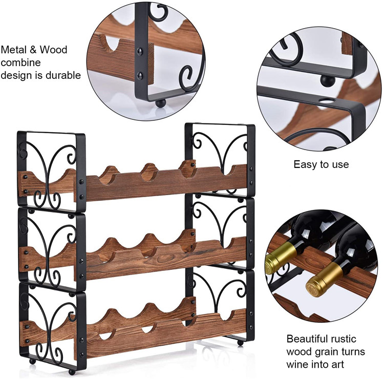 12 Bottles Rustic 3 Tier Wine Rack Solid Wood Wine Holder for Bar Kitchen