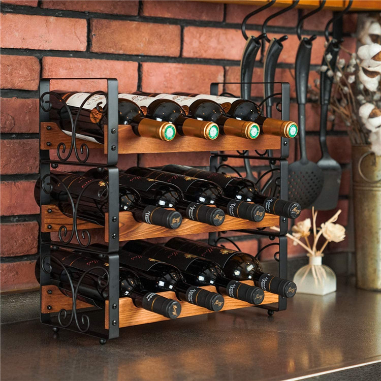 12 Bottles Rustic 3 Tier Wine Rack Solid Wood Wine Holder for Bar Kitchen