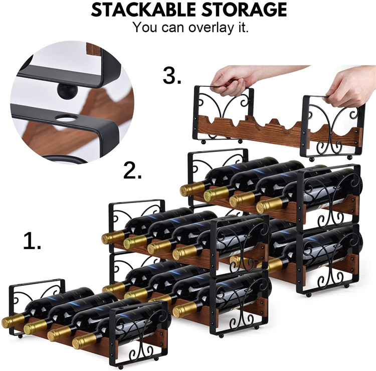 12 Bottles Rustic 3 Tier Wine Rack Solid Wood Wine Holder for Bar Kitchen