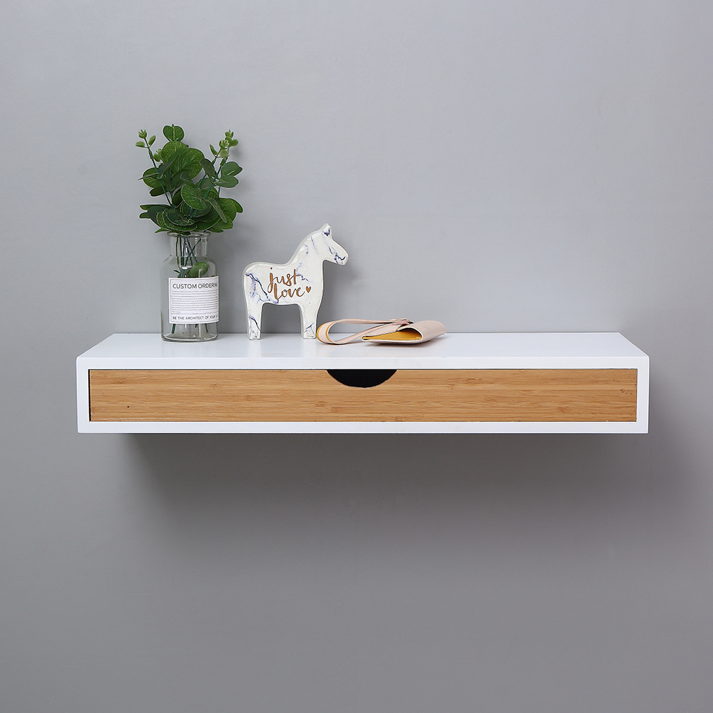 Modern Floating Shelf with Drawer for Storage and Display Multiuse, White Wooden Wall Shelf, Storage Drawer