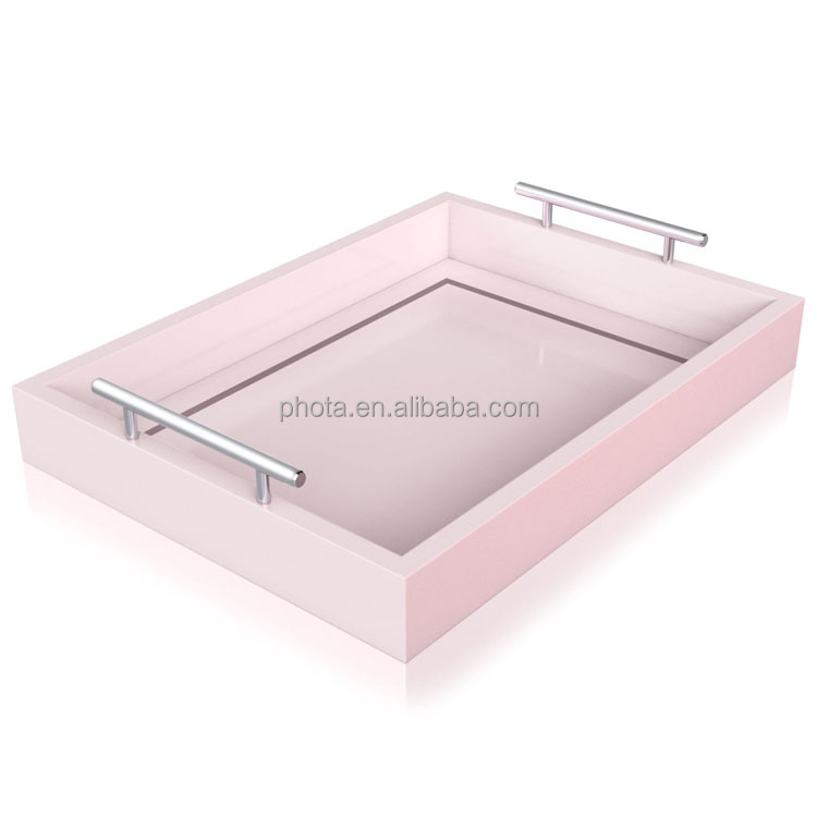 Phota High Quality Painting MDF Deluxe Tray for Coffee Table with polished silver metal handles