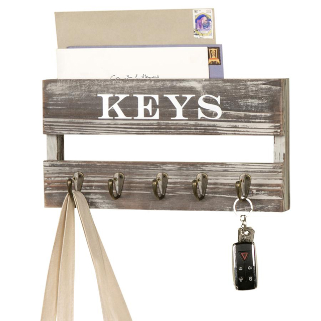 Custom Rustic Mail Storage Wooden Wall Mounted Shelf with Key Holder