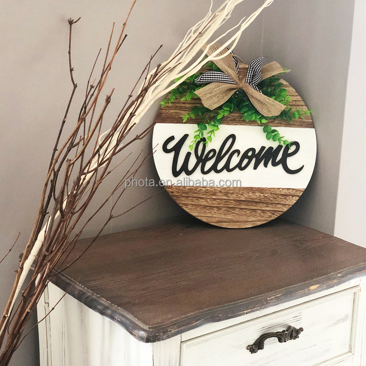 Wood Welcome Sign for Front Door Round Wood Welcome Sign for Farmhouse Welcome Wreath Signs Front Door Decor Front Porch Decor