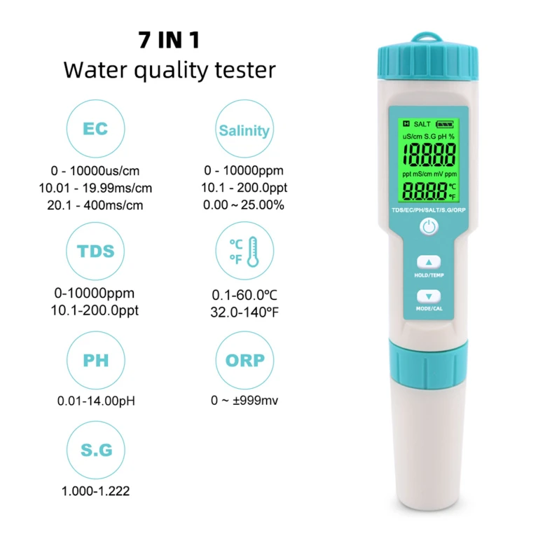 Testeur de qualité de l'eau numérique multifonction 7 en 1, PH, EC