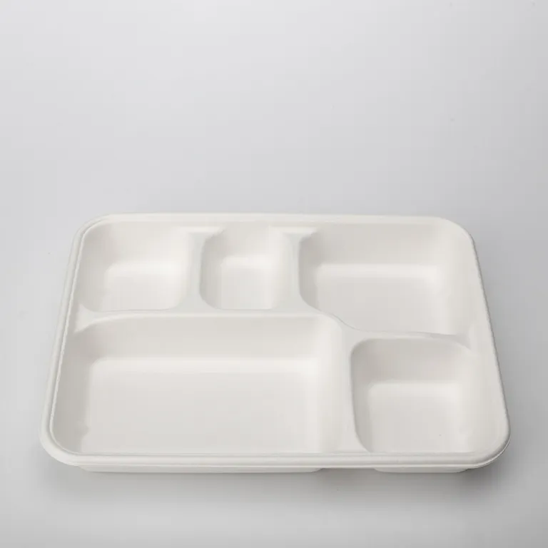 [50 Pack] 5-Compartment Sugarcane Fiber Disposable Tray - 100% Compostable American Tray, Serving Tray, Cafeteria Tray, Biodegradable, Eco Friendly