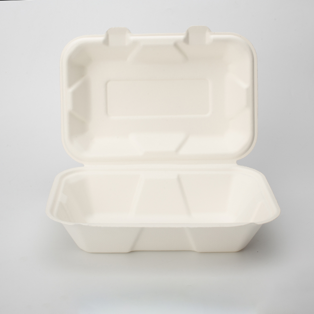 Restaurantware Pulp Safe No PFAS Added 34 Ounce Clamshell Boxes, 100 Disposable Containers - Sustainable, 2 Compartments, White Bagasse Containers