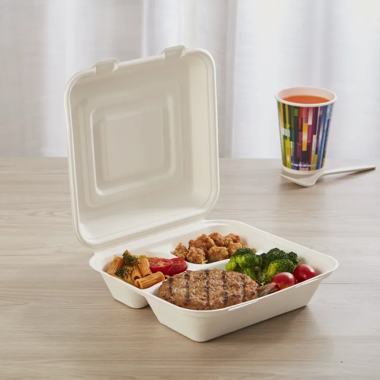 Compostable 3 Compartment Square Hinged Clamshell Take Out Food