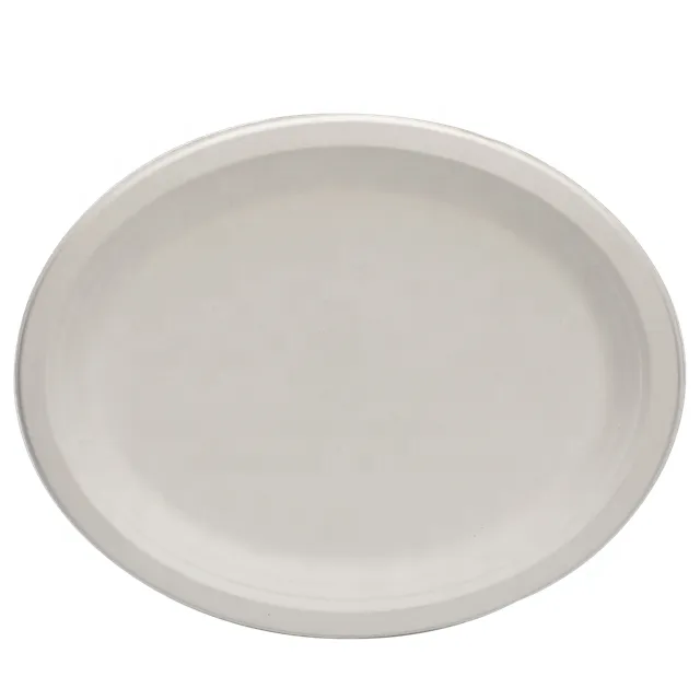 Platos de papel ovalados 100% de composta [10 pulgadas – 50 unidades]  Elegante plato desechable de alta calidad, bagazo natural sin blanquear