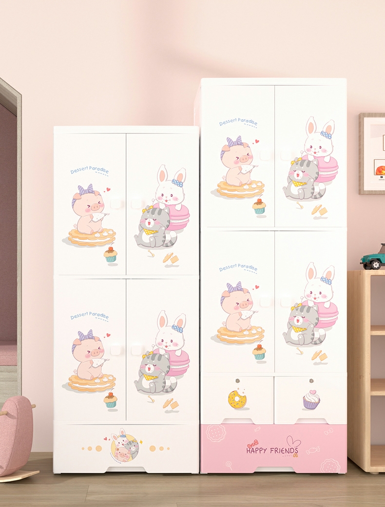 Wardrobe Storage Cabinet with Drawers Cupboard Plastic Factory Direct Cartoon Chest of Drawers Double Door Baby Wardrobe Kids