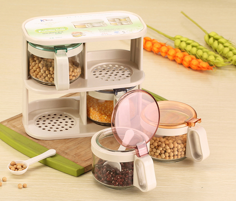Factory Wholesale Condiments Jar Bottle Seasoning Box with Spoon Glass Spice Jar Set with Stand Kitchen Seasoning Pot Set