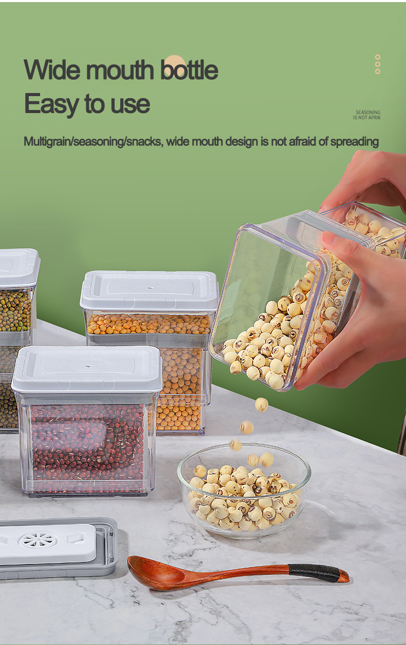 Newest Vacuum Leak-proof Grain Storage Box Plastic Candy Beans Dry Food Container Transparent Square Pantry Storage Jars Kitchen