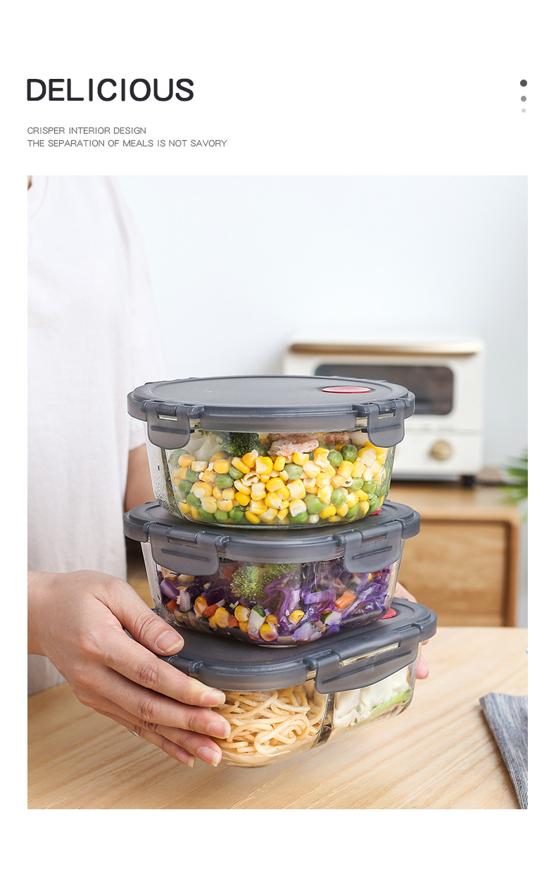 New Design Fridge Organizer Airtight Food Container with Divider Easy Snap Lunch Box Reusable Stackable High Borosilicate Glass
