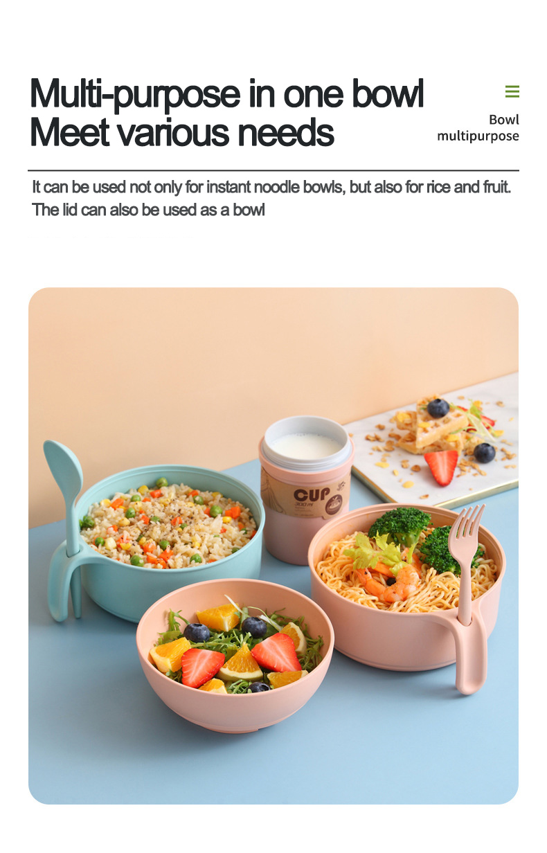 Eco-friendly Plastic Food Container Reusable Kids Bento Box with Cutlery Plastic Noodle Bowl with Lid Microwave safe Lunch Box