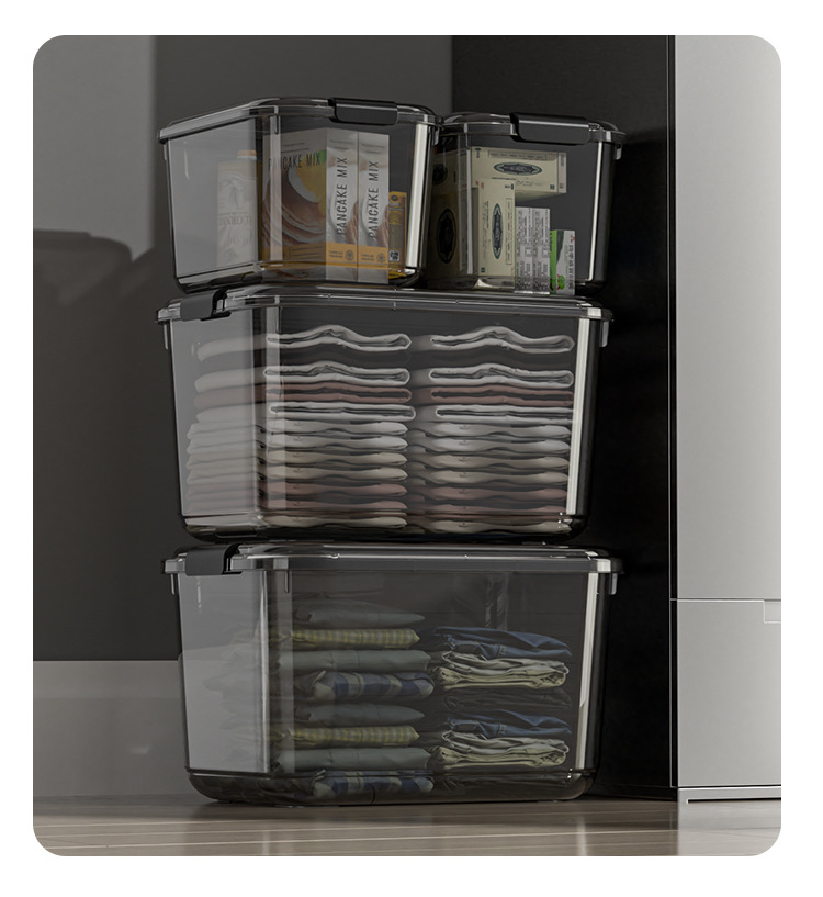 Multipurpose Kitchen Sundries Box Portable Clothes Organizer Stackable Storage Bins with Handle Plastic Storage Box Transparent
