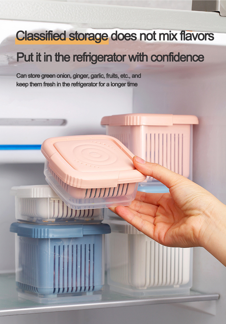 Creative Stackable Kitchen Fridge Organizer Food Container with Drain Basket Refrigerator Draining Crisper with Strainer Plastic