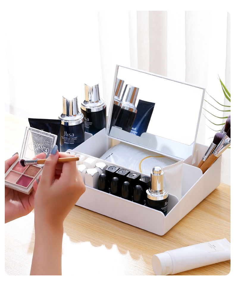 Dressing Table Decorative Lipstick Nail Polish Holder Makeup Organizer with Compartment Plastic Cosmetic Storage Box with Mirror