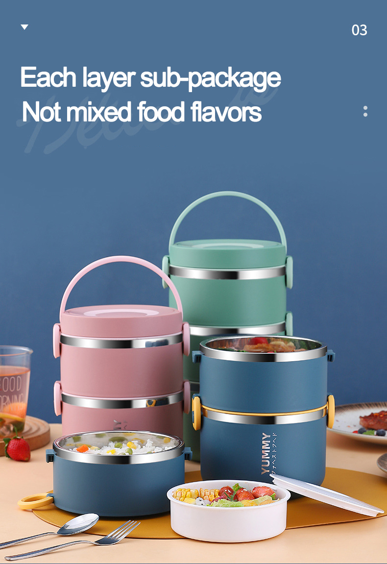 Multi-layer Portable Kids Thermal Food Container Reusable Insulated Bento Heat Resistant Stainless Steel Lunch Box with Handle