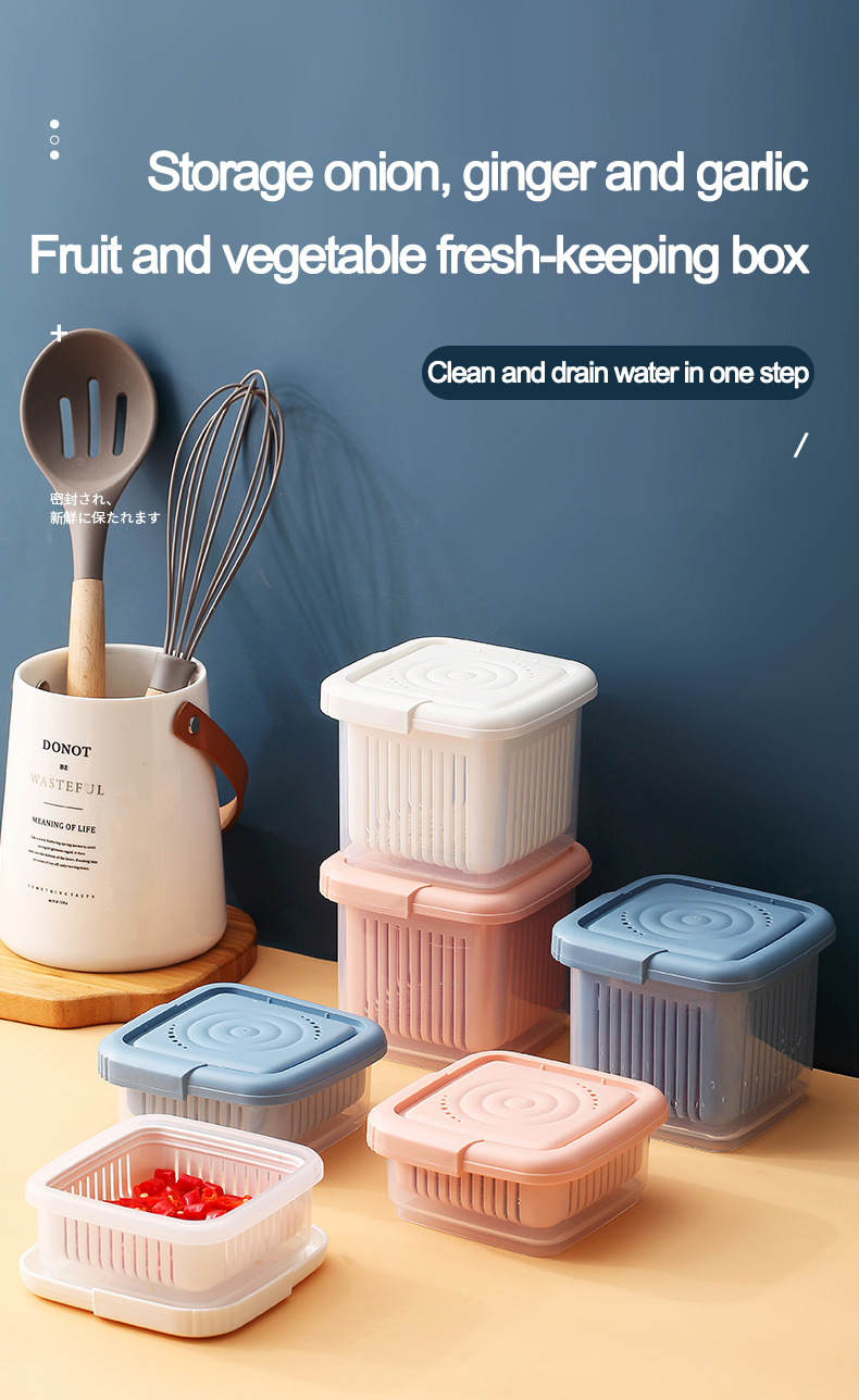 Creative Stackable Kitchen Fridge Organizer Food Container with Drain Basket Refrigerator Draining Crisper with Strainer Plastic