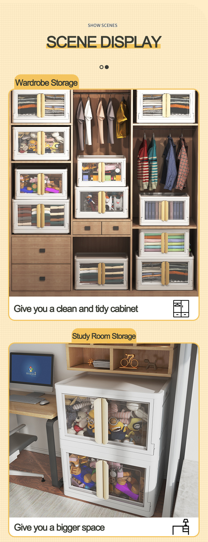 Double Door Folding Storage Box with Wheels Foldable Clothes Organizer Stackable Plastic Collapsible Storage Bin for Toys Snacks