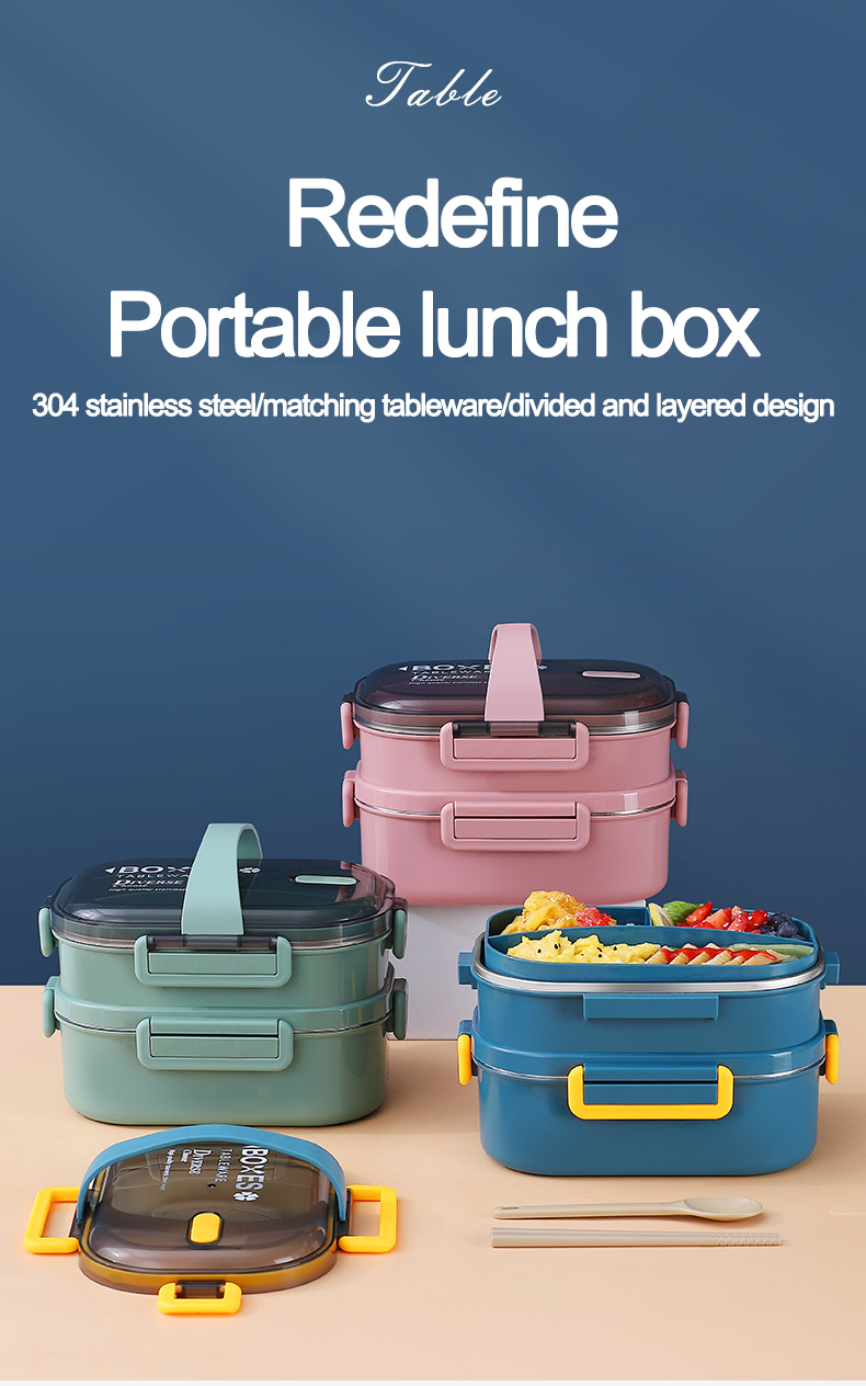 Portable Double Layer Stainless Steel Thermal Food Container Stackable Kids Bento Box Rectangle Airtight Lunch Box Insulated