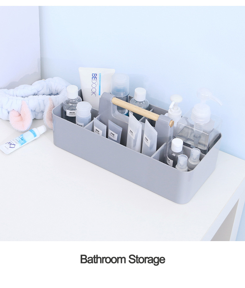 Hot Product Coffee Table Remote Control Holder Plastic Cosmetic Makeup Organizer Portable Desktop Storage Box with Wooden Handle