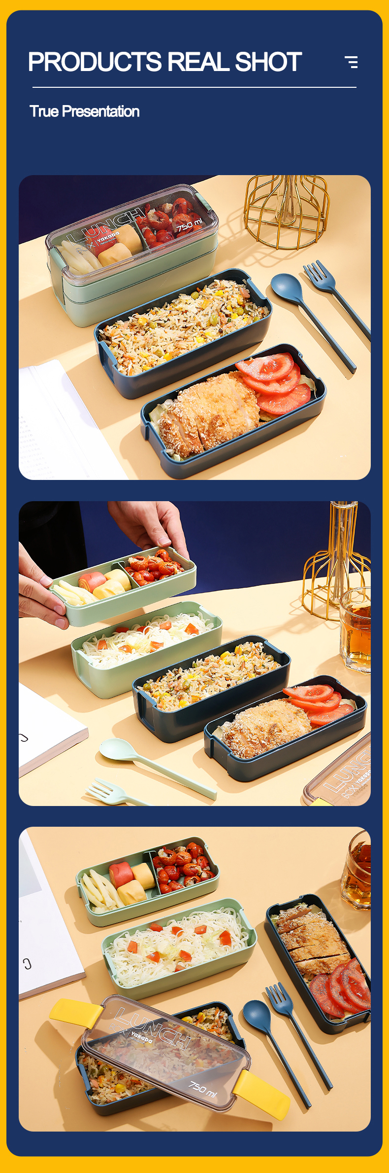 Wholesale Double Layer Portable Food Container Children Kids Bento Box for Student Reusable Plastic Lunch Box with Easy Snap Lid