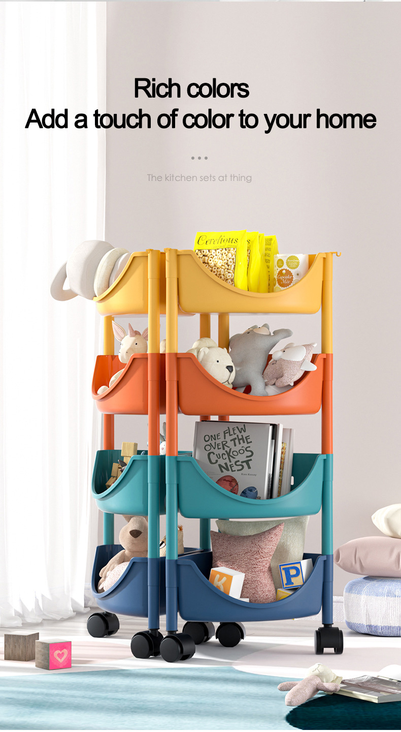 Colorful Movable Bathroom Corner Shelf Kitchen Fruit Vegetable Storage Rack Plastic Rolling Cart Kids Toy Organizer with Wheels
