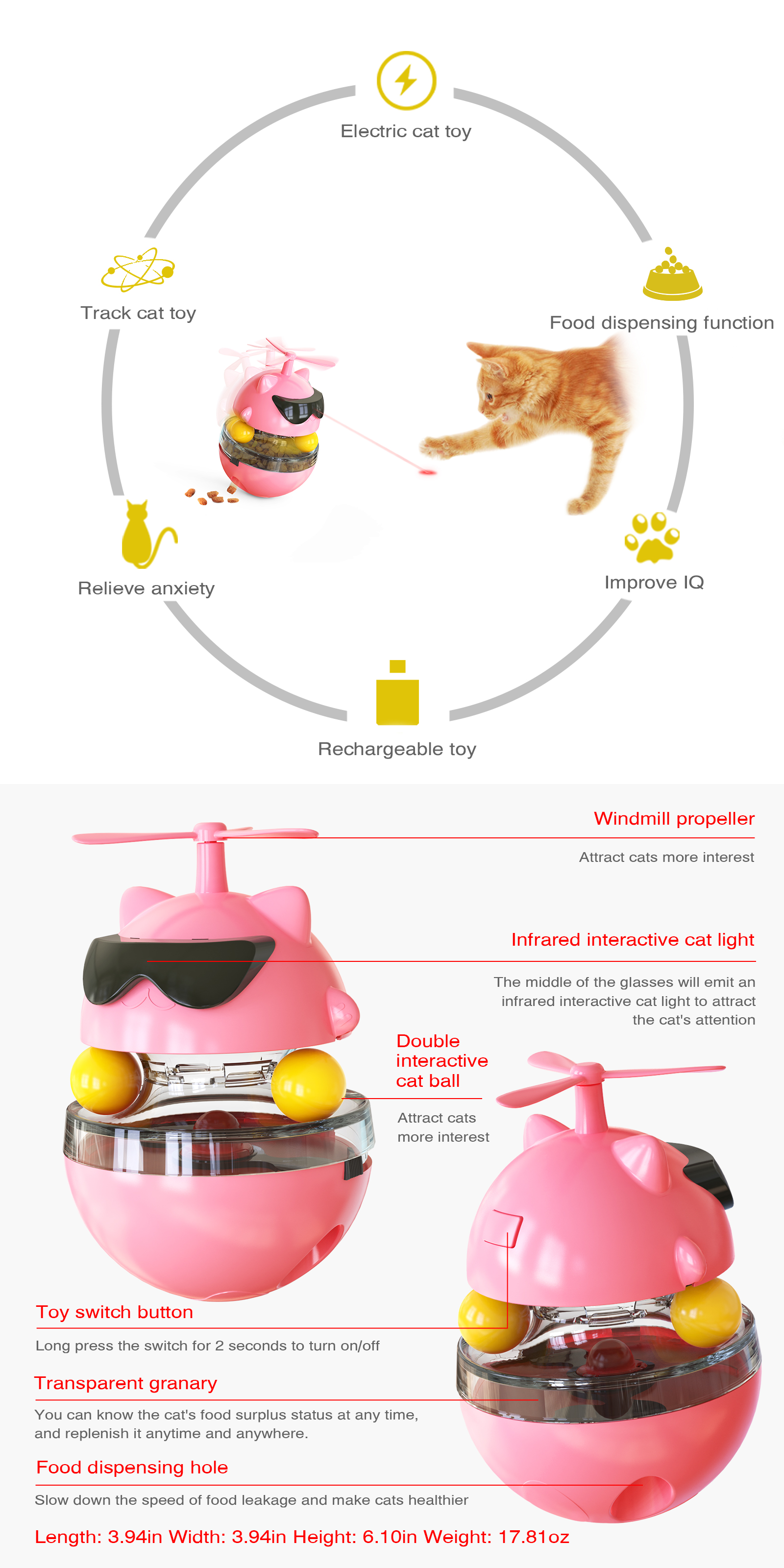 Multi-Function Electric Interactive Pet Leaking Foods Swing Lightning Lucky Cat Usb Charging Food Storage Dispenser For Cats