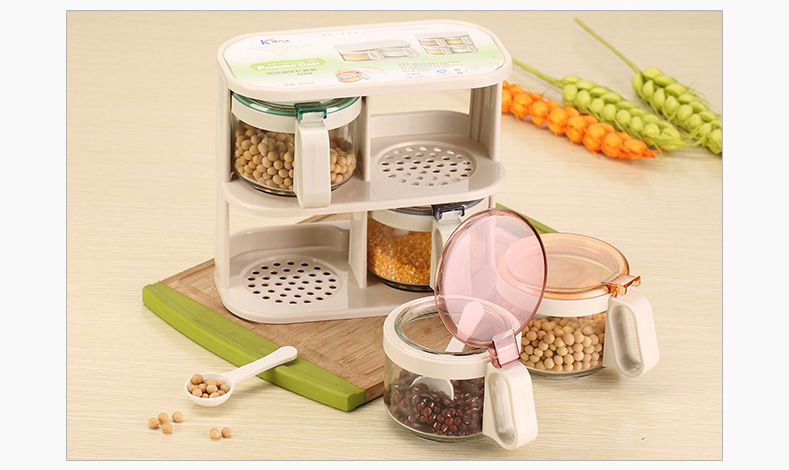 Factory Wholesale Condiments Jar Bottle Seasoning Box with Spoon Glass Spice Jar Set with Stand Kitchen Seasoning Pot Set