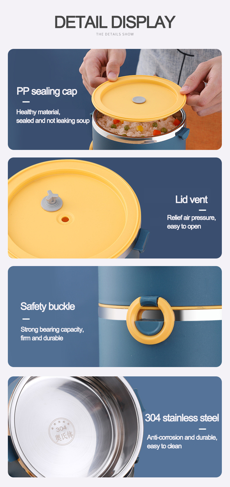 Multi-layer Portable Kids Thermal Food Container Reusable Insulated Bento Heat Resistant Stainless Steel Lunch Box with Handle