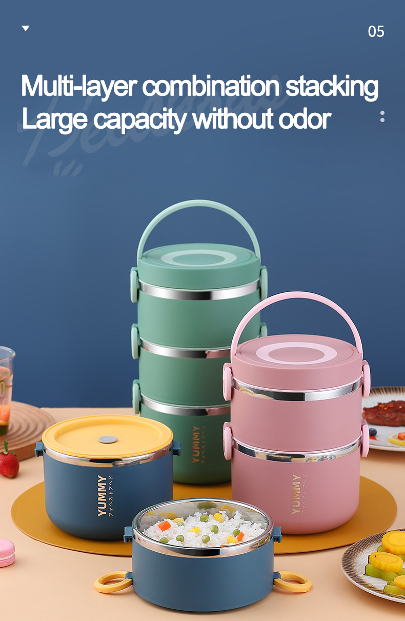 Multi-layer Portable Kids Thermal Food Container Reusable Insulated Bento Heat Resistant Stainless Steel Lunch Box with Handle