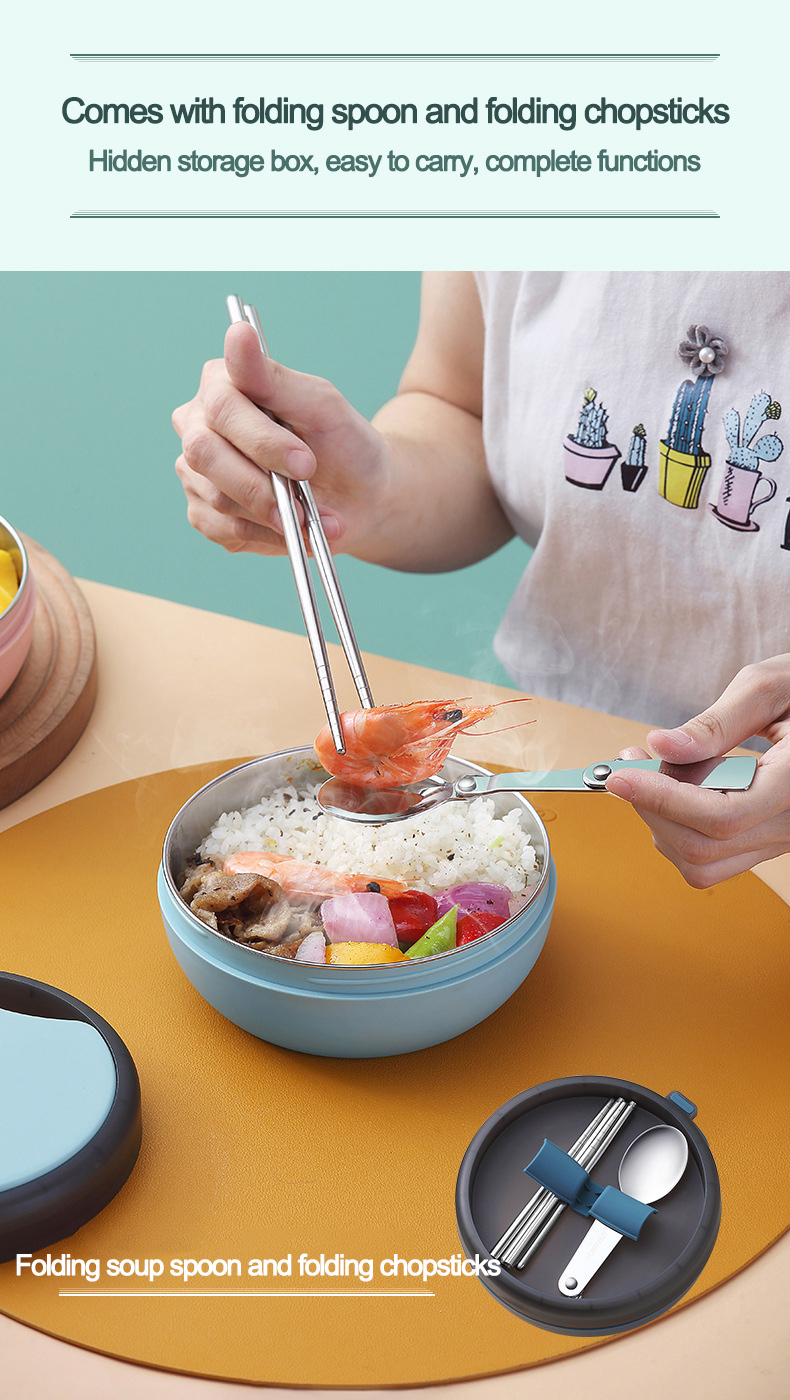 High Quality Thermal Food Container Keep Food Warm 2-Layer Plastic Bento Children Kids Stainless Steel Lunch Box with Cutlery